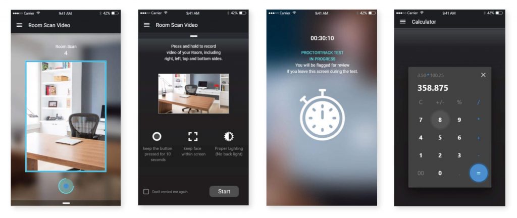 Proctortrack Mobile App with features Mobile Lockdown, Room Scan, Selfie ID, Calculator, Document Scan
